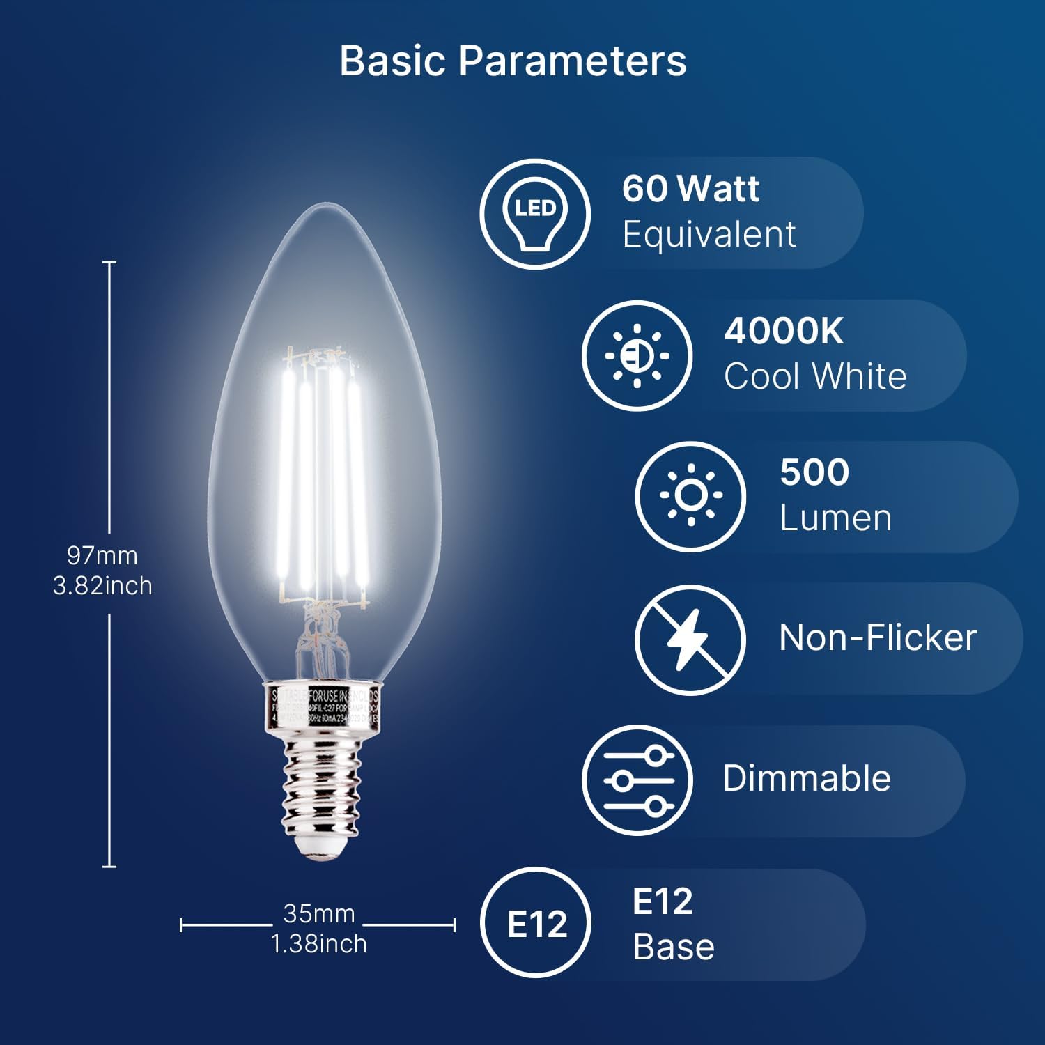 60W Equivalent LED Chandelier Light Bulbs, Dimmable, E12 Base, Clear B11 LED Filament Candelabra Bulbs, 2700K Soft White, 6 Pack