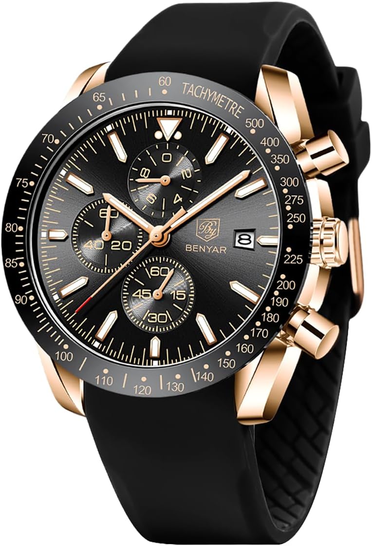 BENYAR Watch for Men Analog Quartz Chronograph Waterproof Luminous Designer Mens Wrist Watches Business Work Sport Casual Dress Watch with Silicone Strap Elegant Gifts for Men