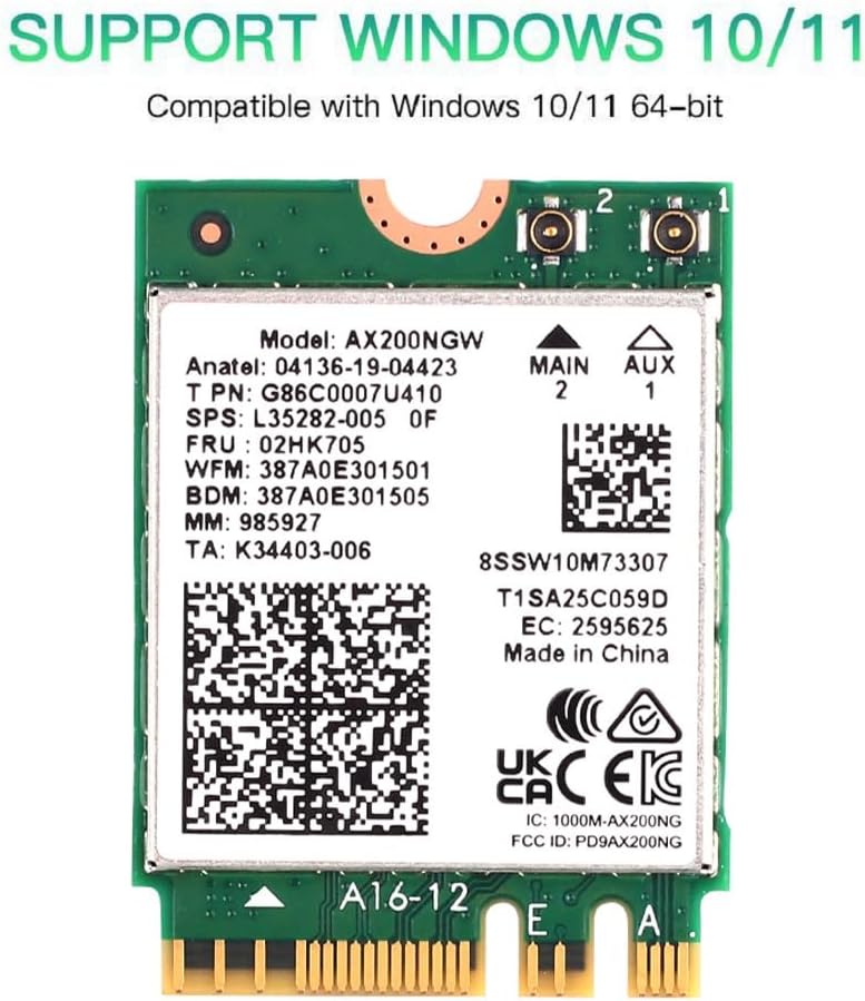 WiFi 6 AX200NGW Laptop Upgrade Card 3000Mbps Bluetooth 5.2 M.2 2230