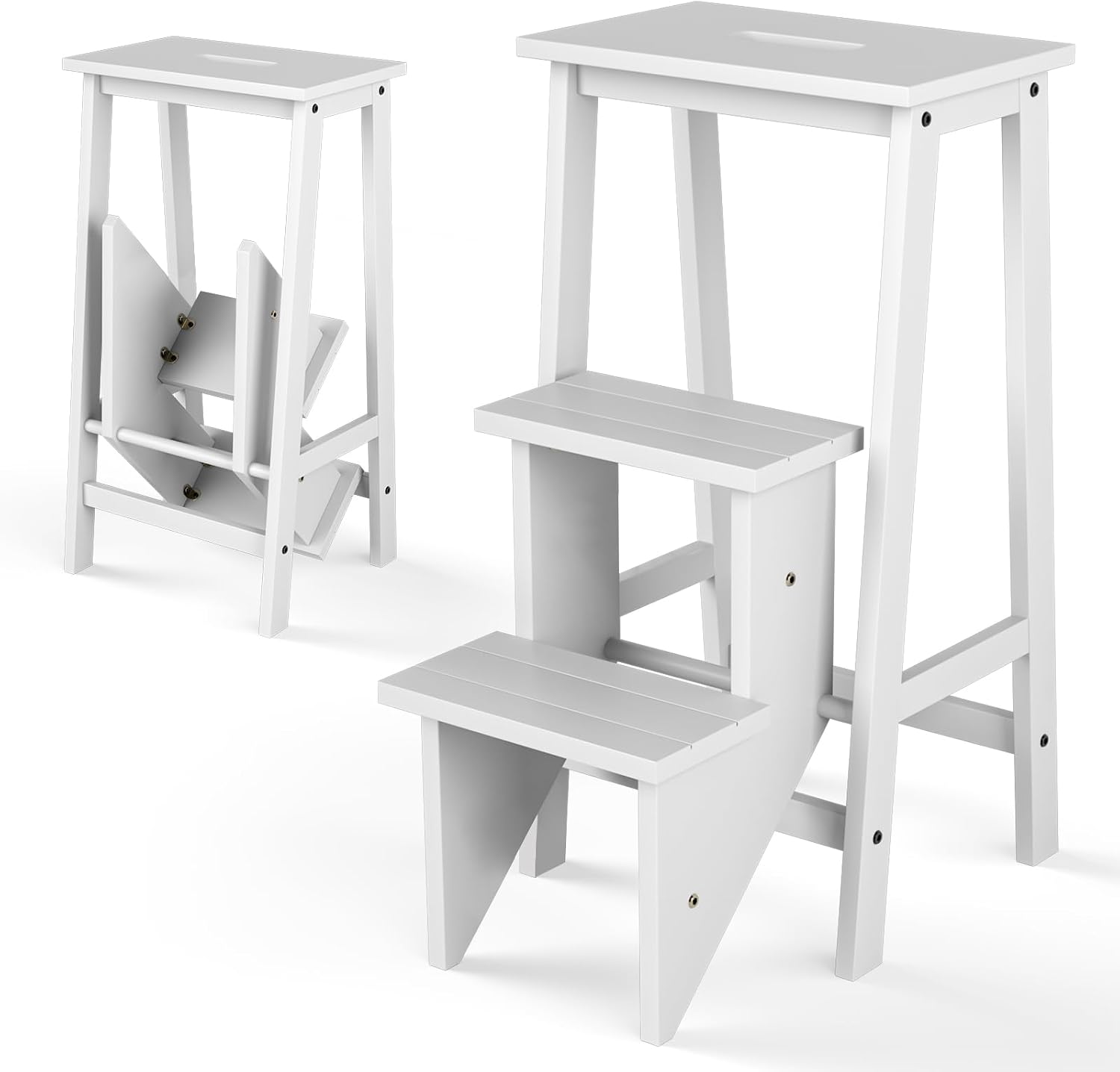 Costzon Folding 3 Step Stool, 3 in 1 Wooden Step Ladder with Handle, Non-Slip Pedal, Multifunctional Storage Shelf, Flower Rack for Kitchen, Library, Garage, Foldable Step Stool for Adults Kids