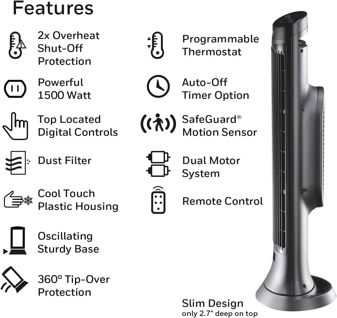 Honeywell Slim Ceramic Tower Heater, Small Room, Black – Easy to Use – Slim Space Heater with Two Heat Settings | Easy to Use – Slim Space Heater with Two Heat Settings
