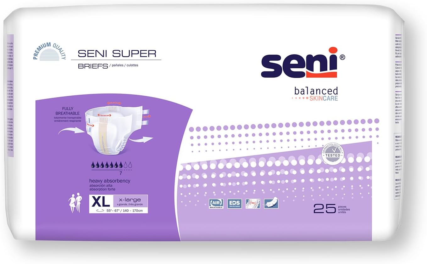 Seni Super Unisex Adult Incontinence Briefs with Tabs, 45-59 in, 75 ct | Breathable, Disposable Brief for Men & Women