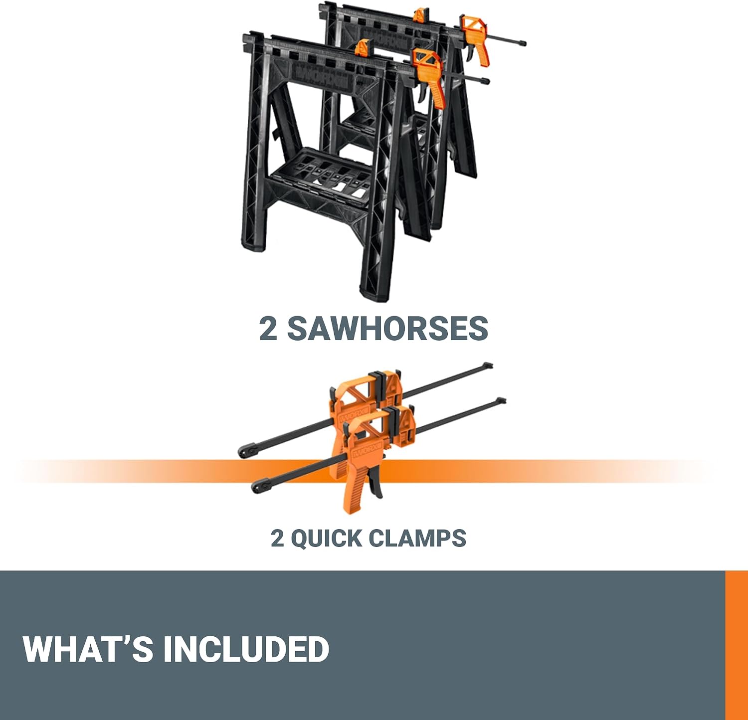 WORX Portable Folding Workbench, 2-in-1 Pegasus Table & Sawhorse, WX051 | 31"×25"×32" dimension, heavy load capacity, fast setup, includes 2 clamps & 4 clamp dogs, lightweight portable design