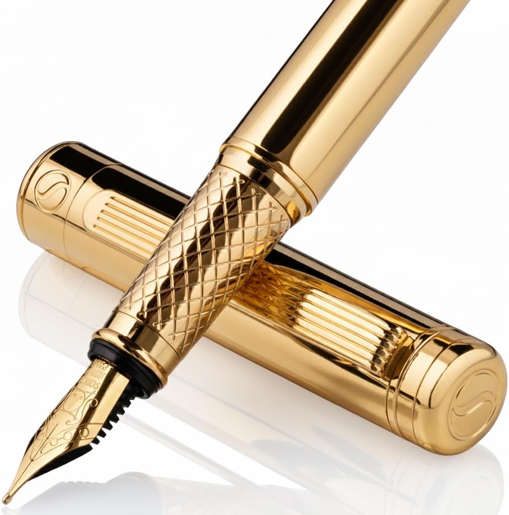 Scriveiner Silver Chrome Fountain Pen - Stunning Luxury Pen, Real Gold Finish Schmidt Gilded Nib (Medium), Best Pen Gift Set for Men & Women