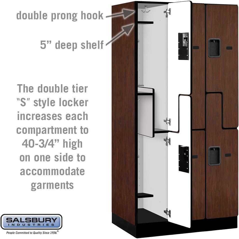 Salsbury Industries 2-Tier S-Style Designer Wood Locker with Three Wide Storage Units, 6-Feet High by 21-Inch Deep, Mahogany