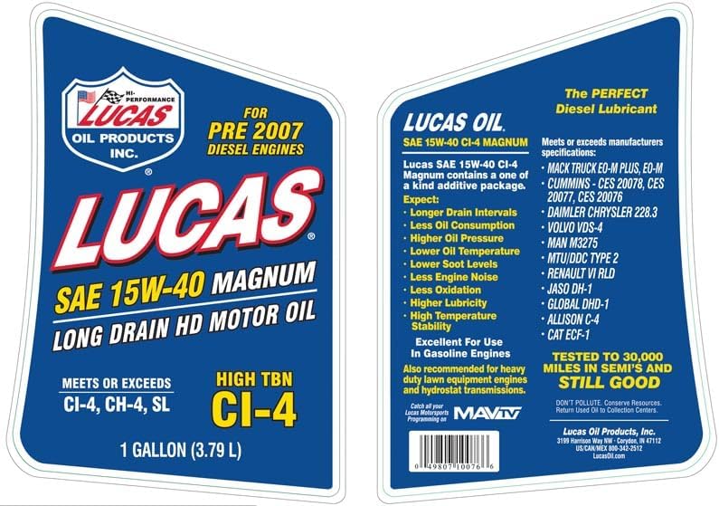 Lucas Oil 10076 SAE 15W-40 API CI-4 Magnum Heavy Duty Motor Oil - 1 Gallon (Pack of 4)