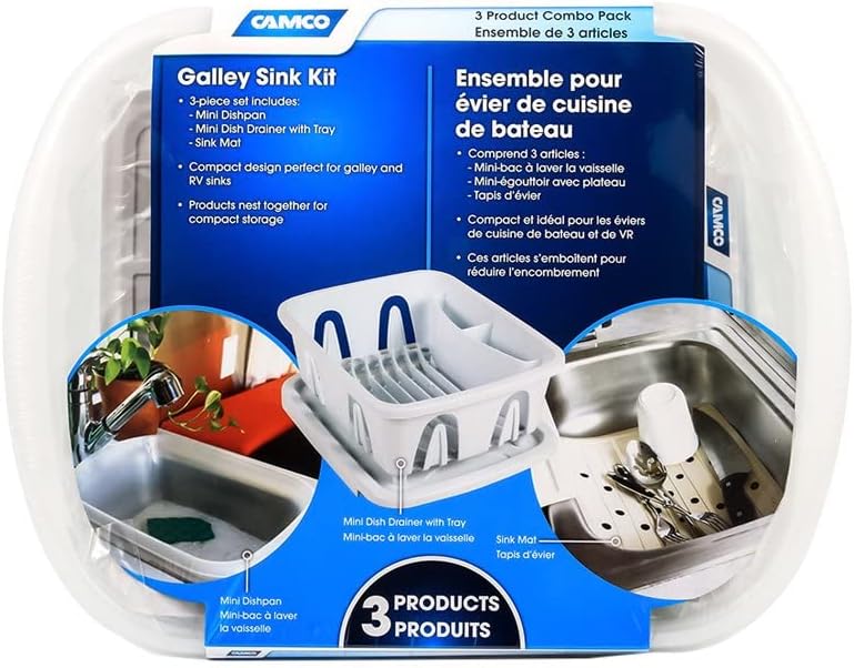 Camco 43517 White Sink Kit with Dish Drainer, Dish Pan and Sink Mat,Pack of 1