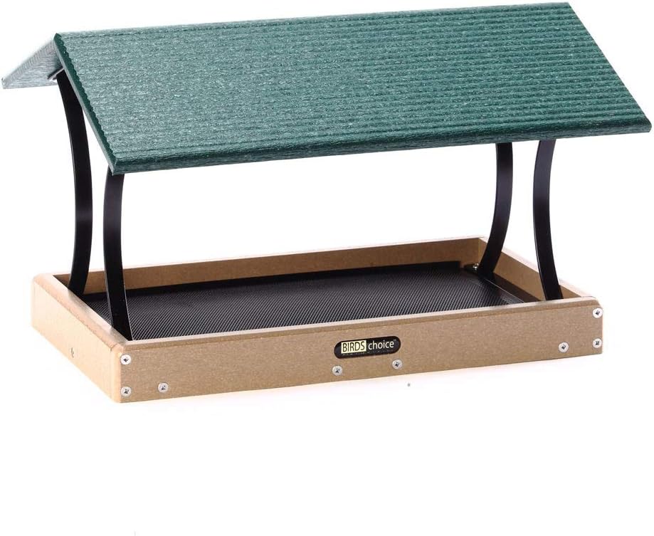 Birds Choice SNFT-300 Fly-Thru Feeder, Recycled Pole Mounted Bird Feeder, Large, Taupe/Green | Recycled Plastic Platform with Roof, Welcomes Cardinals, Jays and Other Wild Birds, 19in x 15.75in x 13in