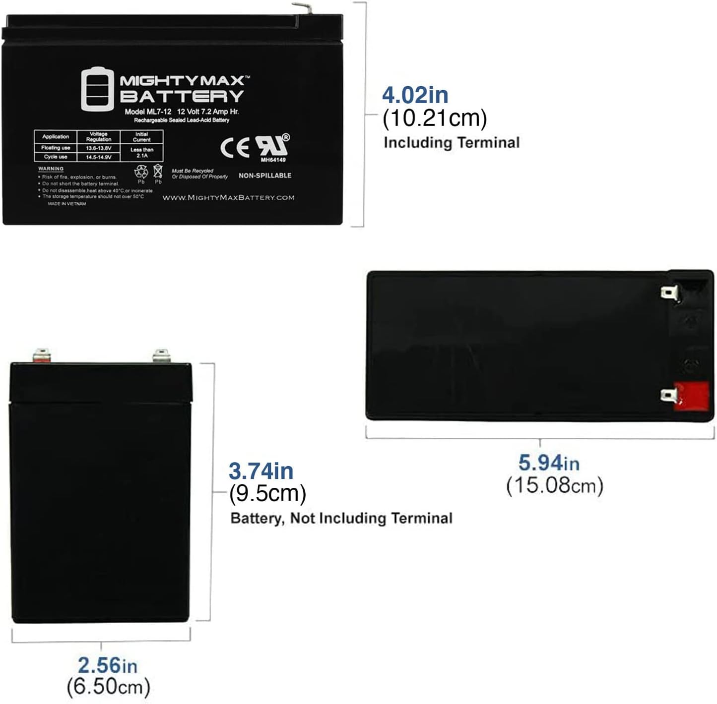 Mighty Max Battery ML7-12, 12 Volt 7.2 AH SLA F1 Terminal Battery, Brand Product, Black (Pack of 1)