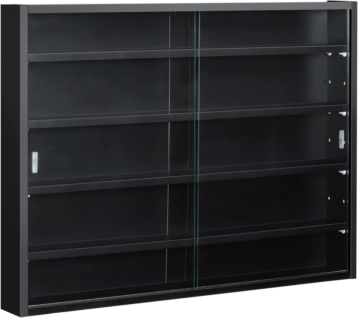 HOMCOM 5-Tier Display Cabinet, Glass Door Cabinet with Adjustable Shelves, Wall-Mounted Display Case for Playroom, Bedroom, Black