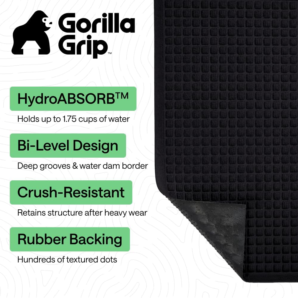 GORILLA GRIP® HydroABSORB Door Mat for Indoor Outdoor Use, 29x17 Black