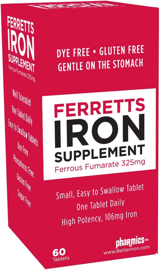 Iron Tablets 106mg (325mg Ferrous Fumarate) - 60 Day Supply of High Potency Iron Supplements for Women & Men