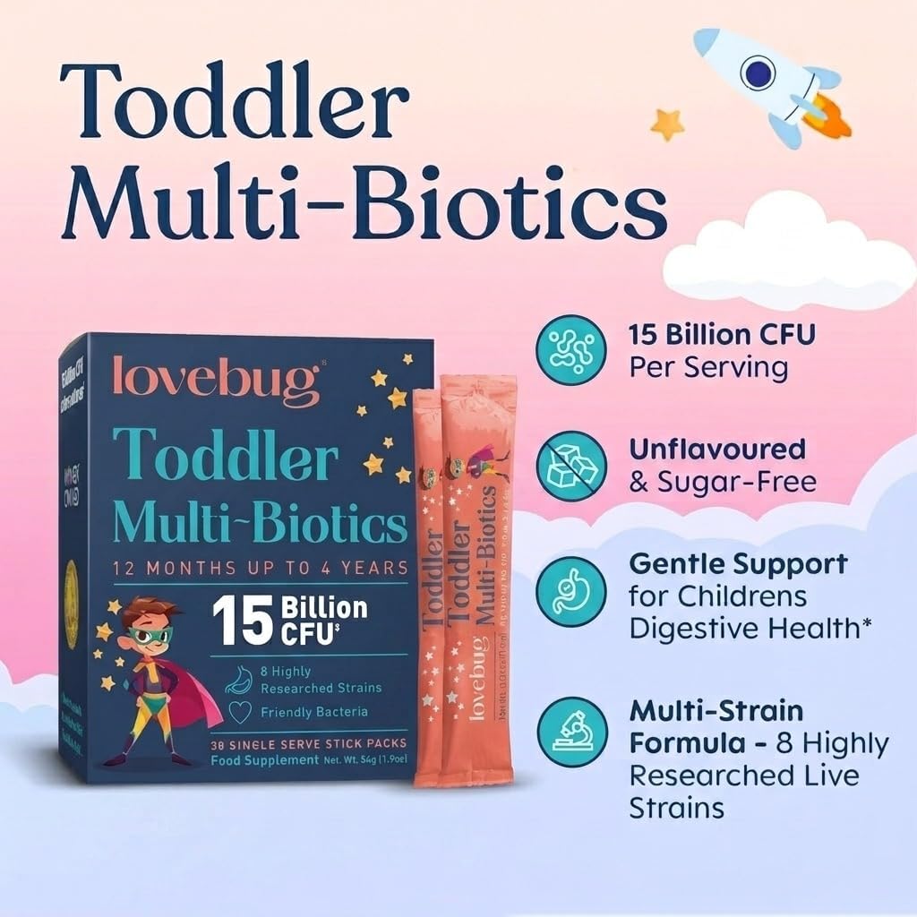 LOVEBUG Award Winning Probiotics | Constipation & Stomach Discomfort | Softer Bowel Movements | Easy-to-Take Powder | Ages 12 Months to 4 Years | 60 Packets