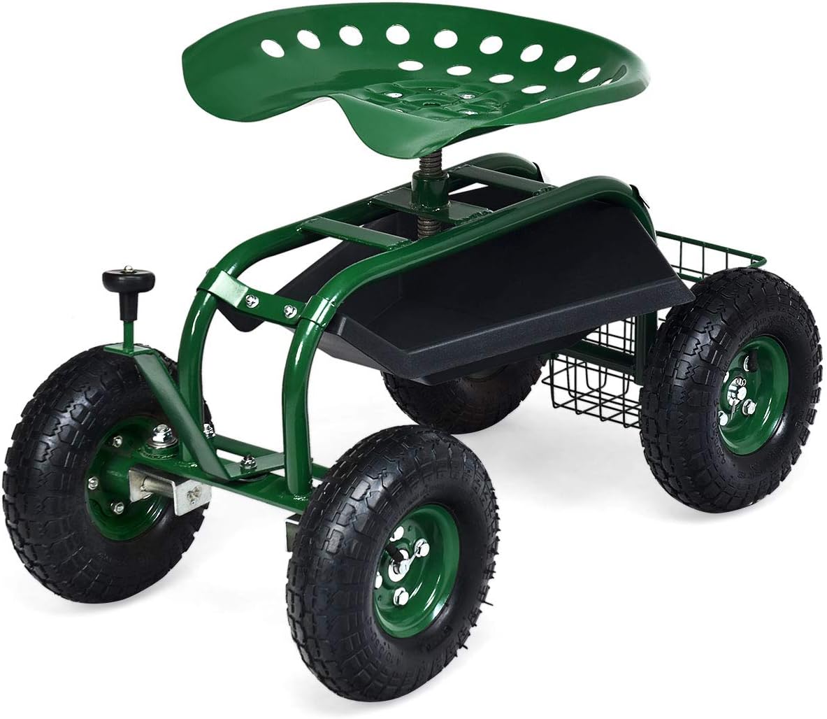 Goplus Rolling Garden Cart with Seat, Outdoor Garden Stool with Wheels, Tool Tray & Basket, Adjustable Steering Handle