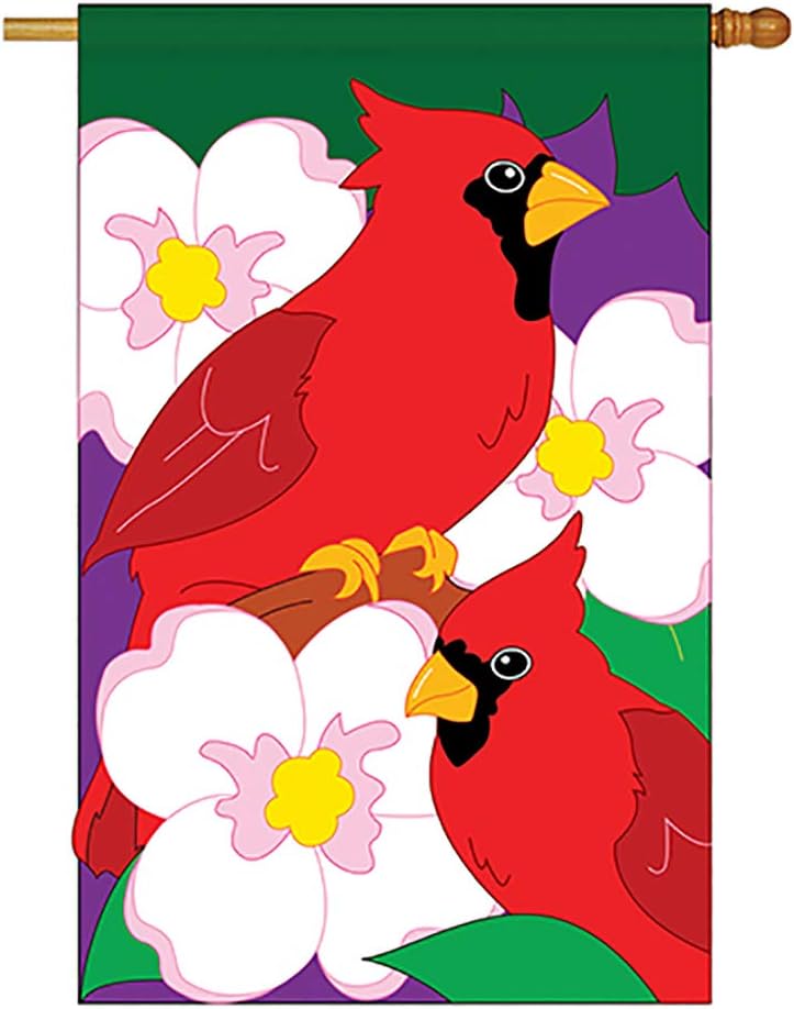 Two Group - Twin Cardinals Garden Friends - Everyday Birds Applique Decorative Vertical House Flag 28" x 44"