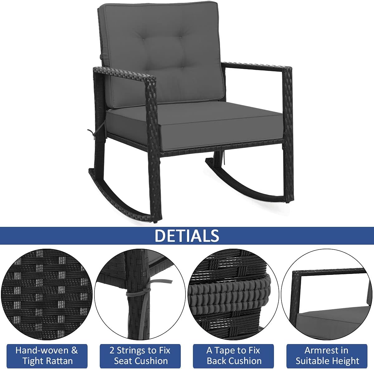 Tangkula Wicker Rocking Chair, Outdoor Glider Rattan Rocker Chair with Heavy-Duty Steel Frame
