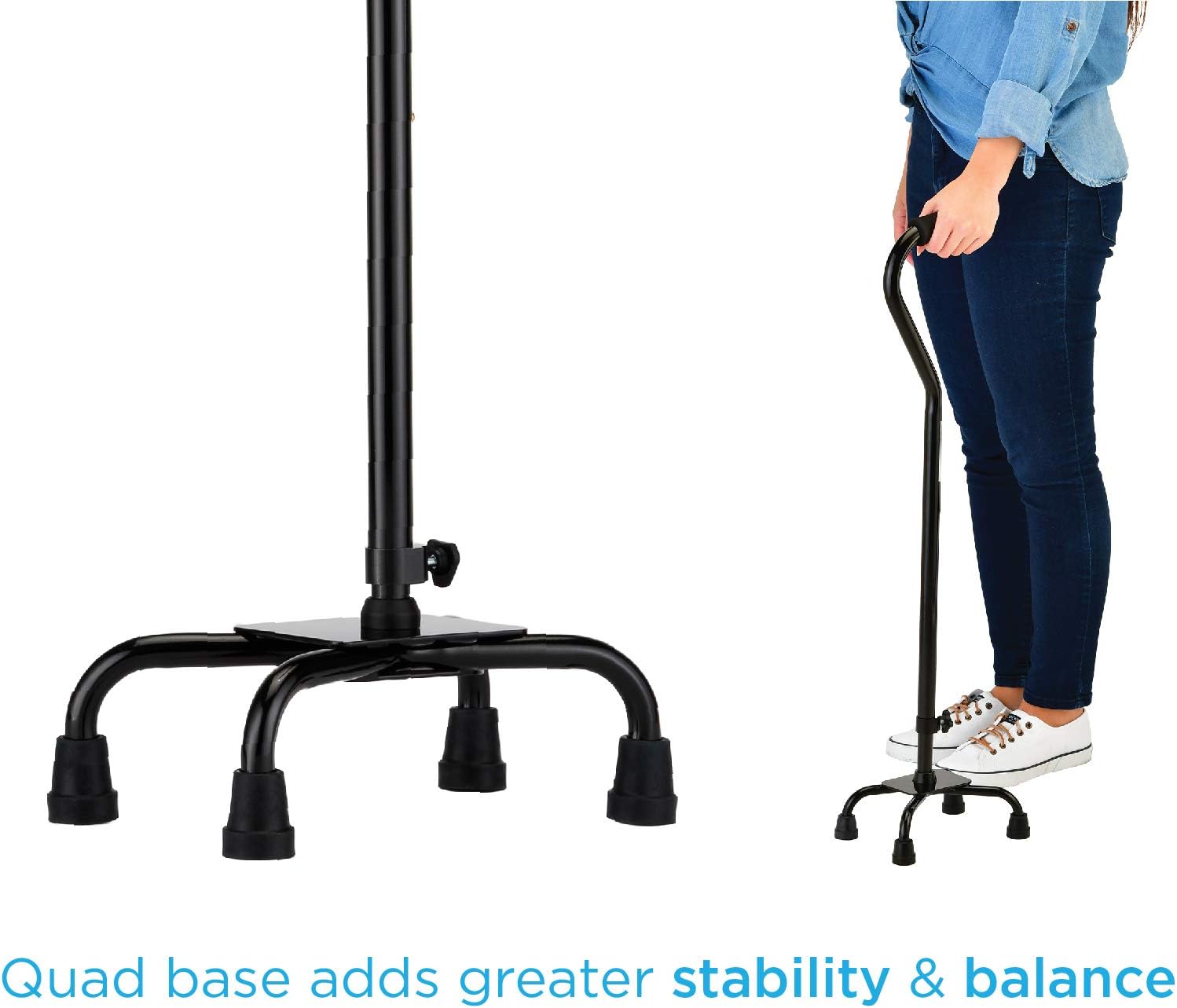 NOVA Heavy Duty Quad Cane with Large Base, 500 lb Weight Capacity Bariatric Walking Cane with Offset Handle, Adjustable Height Aluminum 4-Prong Cane, Right or Left Hand Use, Silver