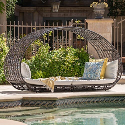 GDFStudio Outdoor Wicker Overhead Canopy Daybed Water Resistant Cushion (Grey/White)