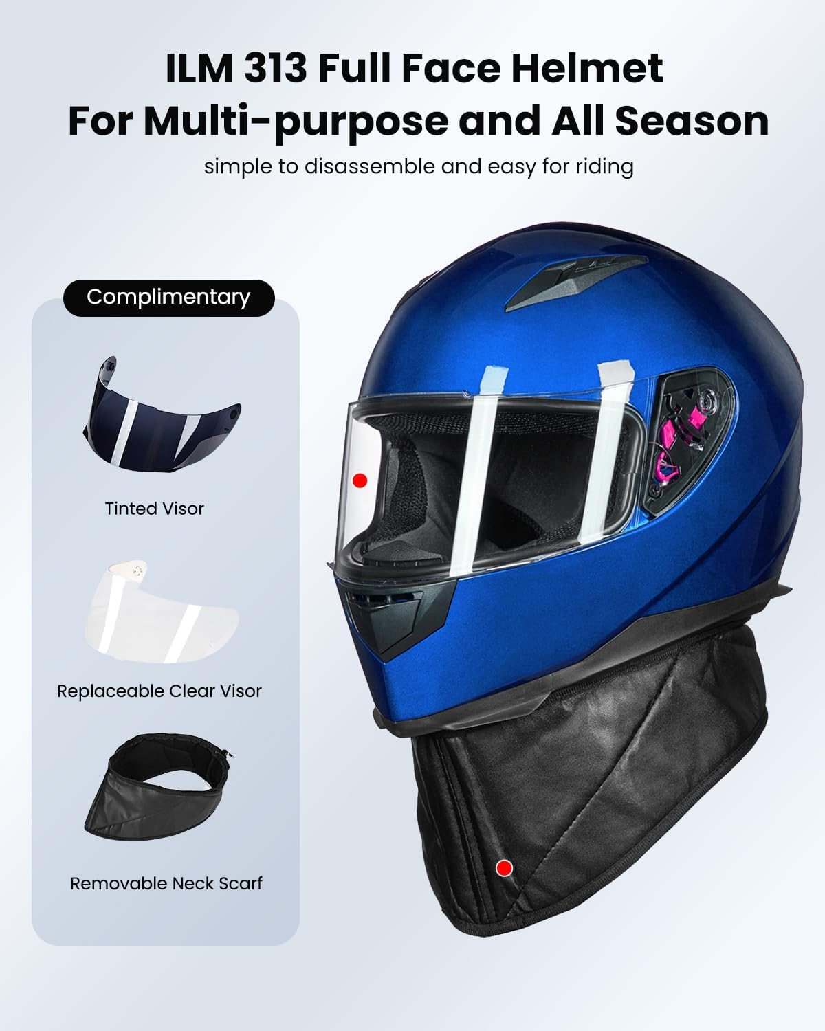 ILM Full Face Motorcycle Street Bike Helmet with Removable Winter Neck Scarf + 2 Visors DOT Model ILM-313