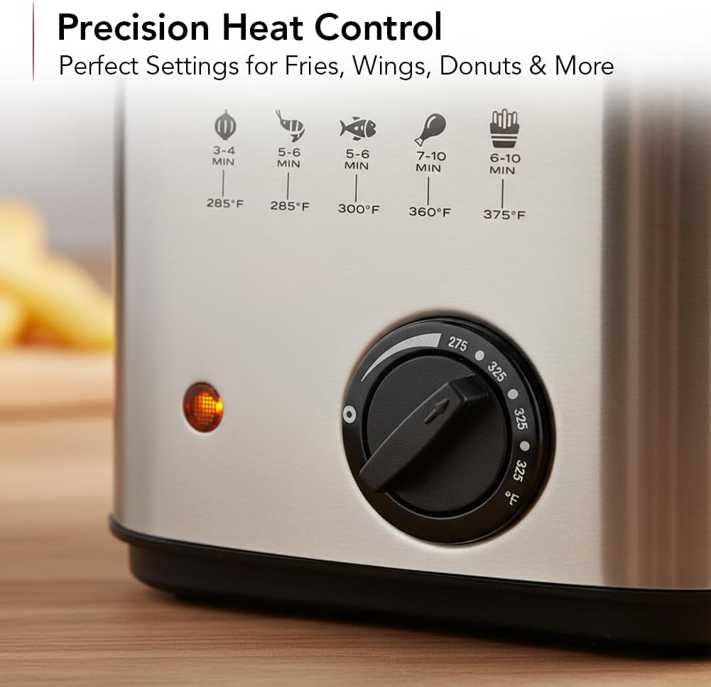 OVENTE Electric Deep Fryer, 0.9L Capacity, 840W, Silver FDM1091BR | Adjustable Temperature Knob, Locking Lid, Removable Frying Basket and Cool Touch Handle, Easy to Clean Stainless Steel Body
