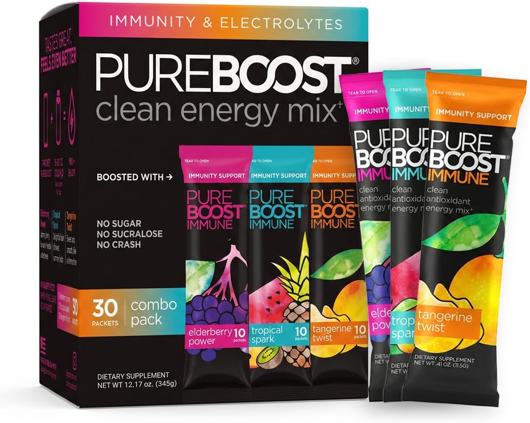 Pureboost Sugar-Free Immune Clean Energy Booster Drink Mix, Combo Pack 30ct