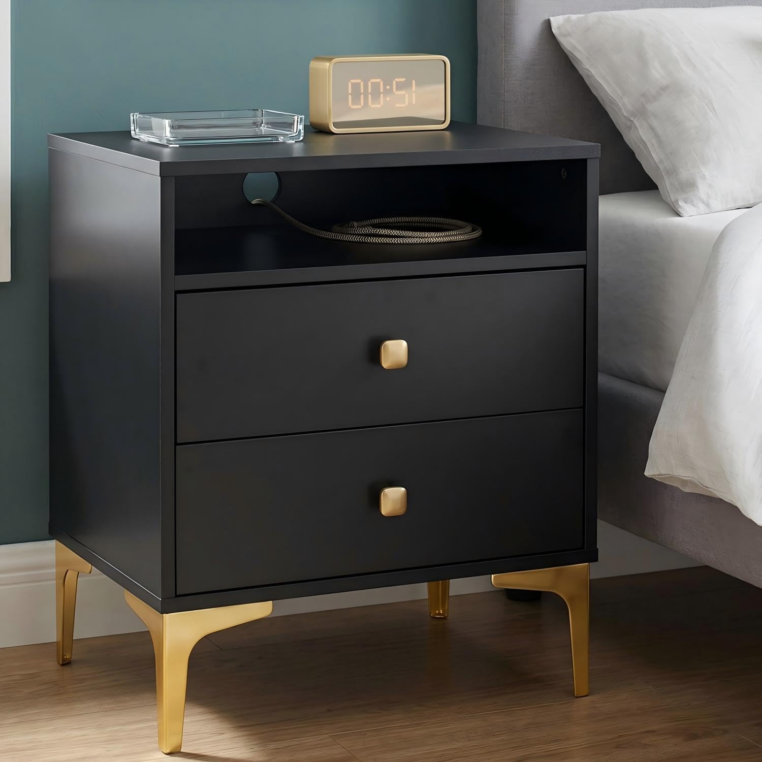 AILEEKISS Black Nightstands Set of 2 with Wireless Charger Station | Modern Bedside Tables Tall Night Stands Storage with 2 Drawers Metal Legs for