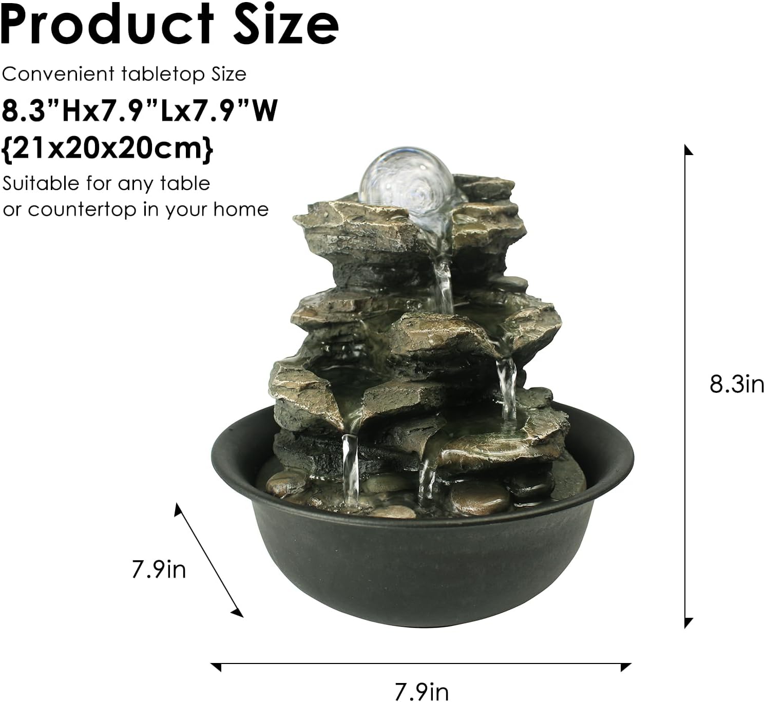 Rockery Indoor Water Fountain, Zen Meditation Tabletop Fountain with LED Lights & Crystal Ball for Home Office Bedroom 9 4/5"