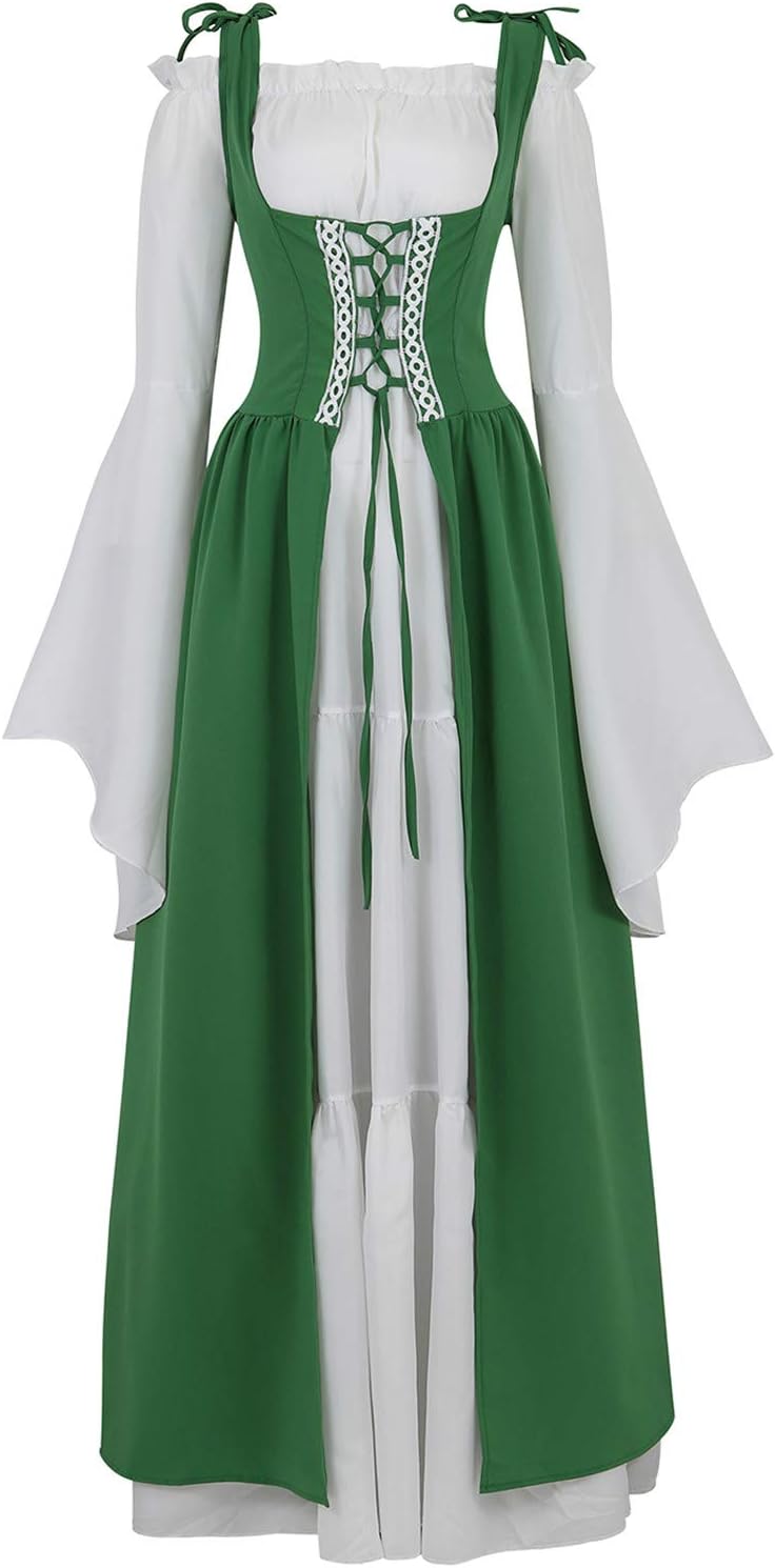 Kranchungel Renaissance Costume Women Dress: Flowy Long Sleeve Medieval Dress for Renaissance Faires & Medieval Festival