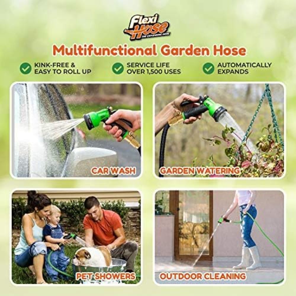 Flexi Hose Lightweight Expandable Garden Hose, 50FT - Retractable Garden Hose, Water Hose - No-Kink Flexibility, 3/4 Inch Solid Brass Fittings and Double Latex Core