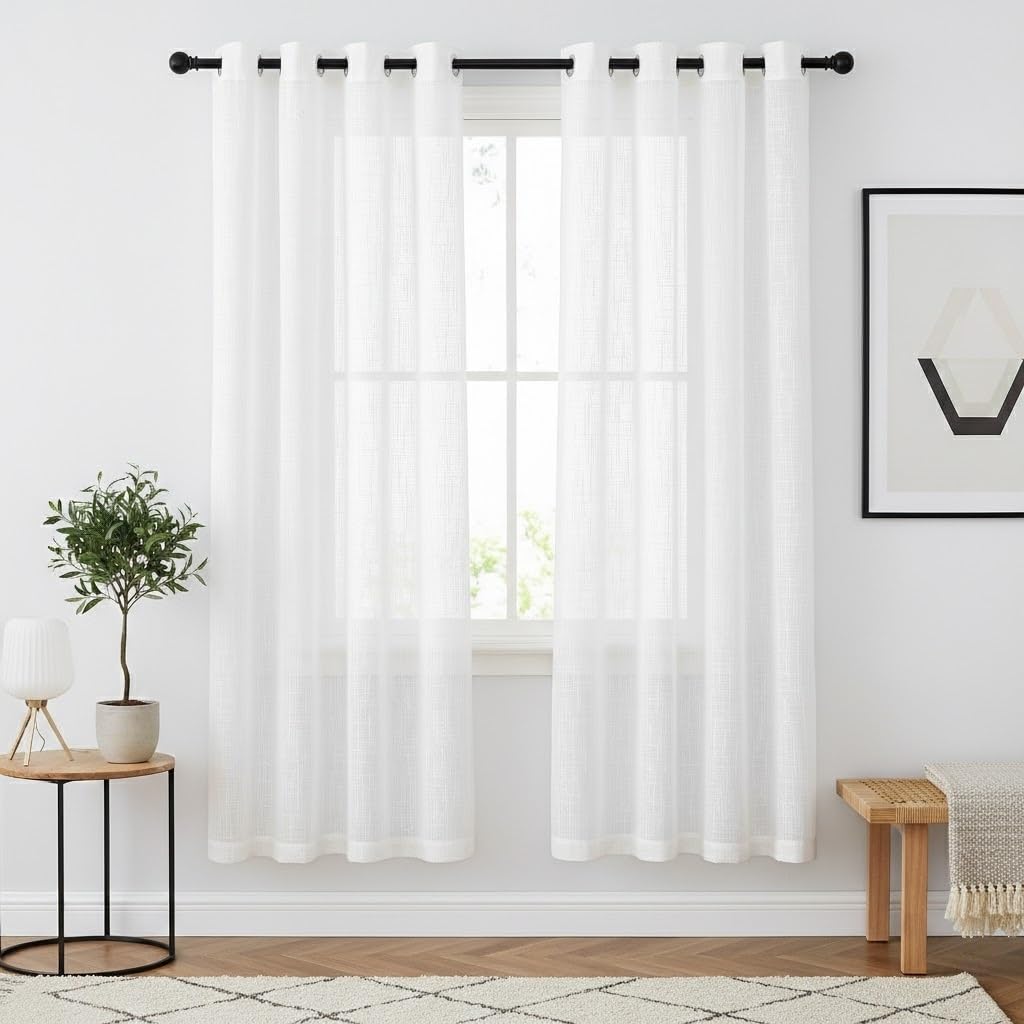 NICETOWN Linen Curtains White Semi Sheer 72 inch Long for Windows, Privacy with Light Filtering Grommet Top Window Treatments for Bedroom/Living Room