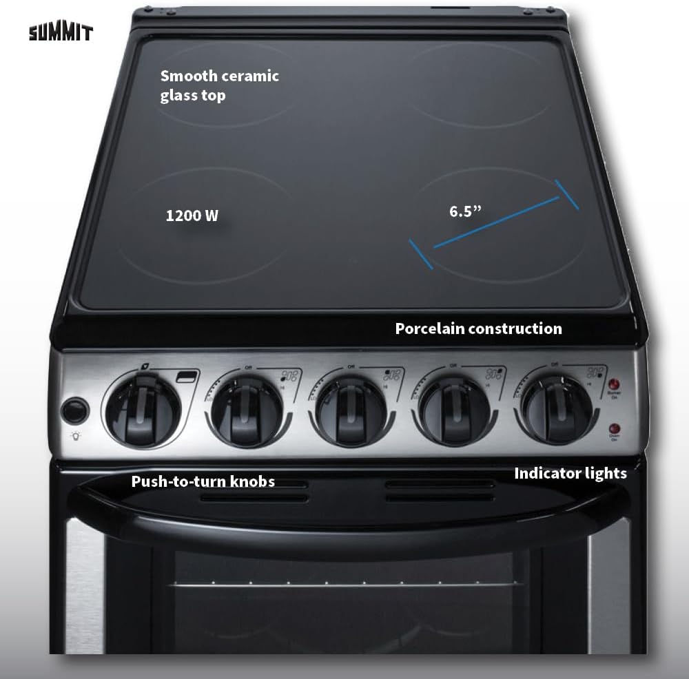 Summit 20” Electric Range, Stainless Steel and Black- REX2071SSRT | 2.3 cu.ft. Capacity Oven, Smooth Glass CookTop, 4 Burner Range, 220VOLT