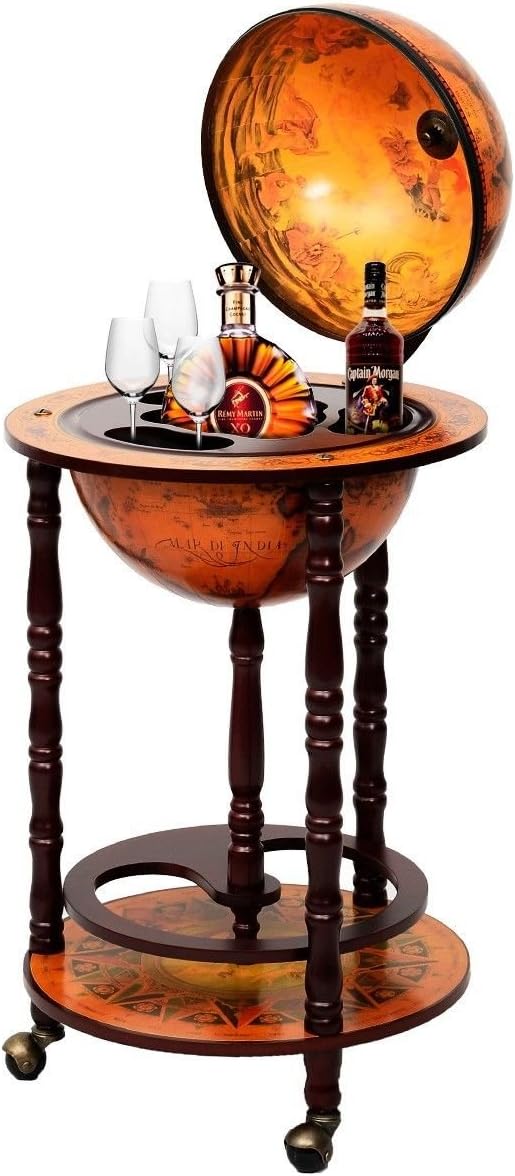 36" Wood Globe Wine Bar Stand 16th Century Italian Rack Liquor Bottle Shelf New