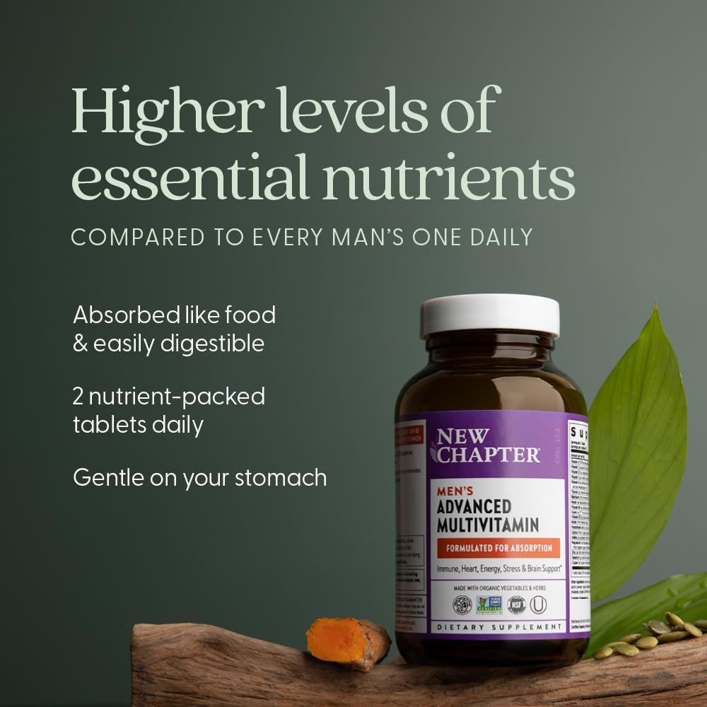 New Chapter Men's Multivitamin Advanced Formula for Stress, Brain, Immune, Heart & Energy Support, Higher Levels of Whole-Food Fermented Essential Nutrients for Men + Selenium + B Vitamins, 120 ct