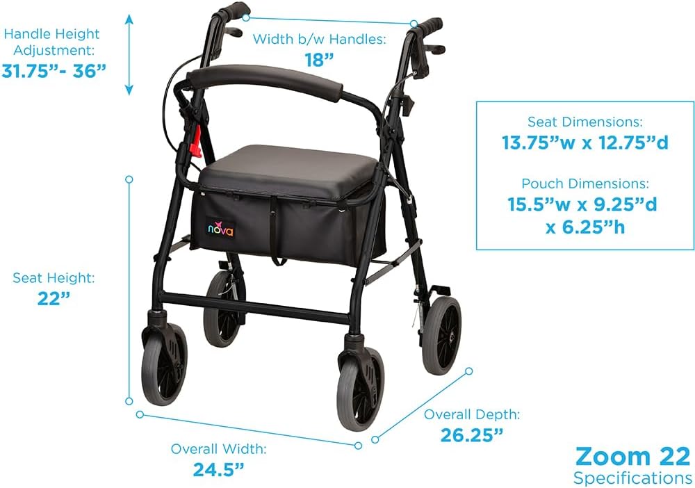 NOVA Zoom 22 Rollator Walker for Seniors, Rolling Walker with Locking Hand Brakes, Padded Seat & 8" Wheels, Lock N Load for Easy Transport & Storage, Adjustable Height 5'5"–6'1", Red