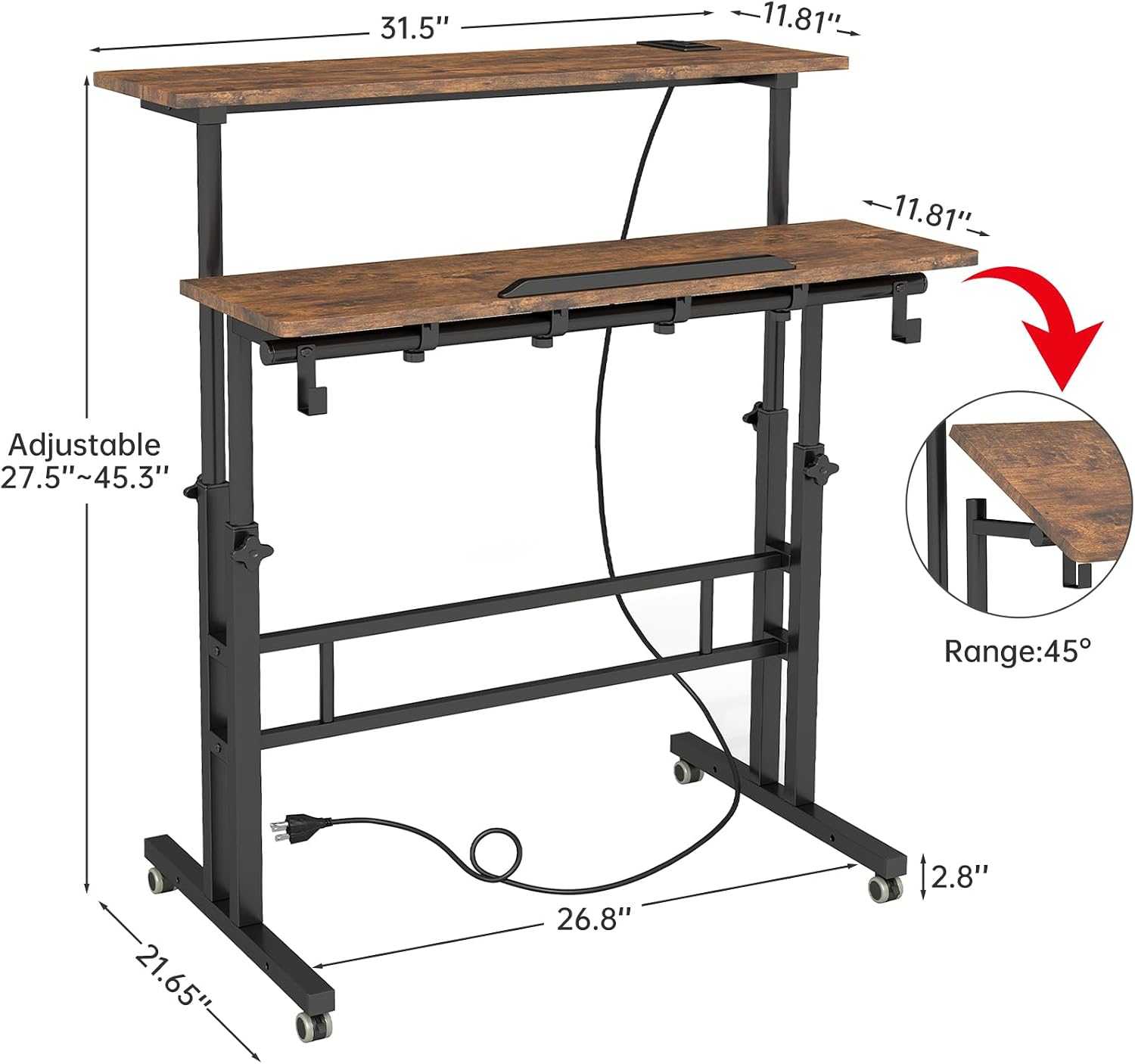 SIDUCAL Mobile Standing Desk, Portable Stand Up, Small Adjustable Converter with Wheels Home Office Workstation, Rolling Desk Laptop Cart for Standing or Sitting, Black