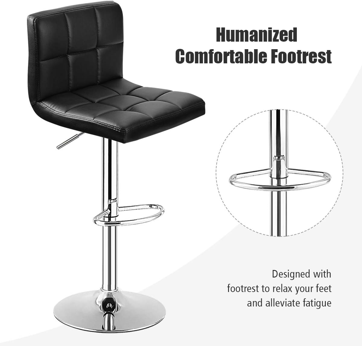 COSTWAY Bar Stool, Modern Swivel Adjustable Height PU Leather Barstools with Back, Square Armless Counter Height Bar Chair for Kitchen Island Dining Living Bistro Pub Counter, Black