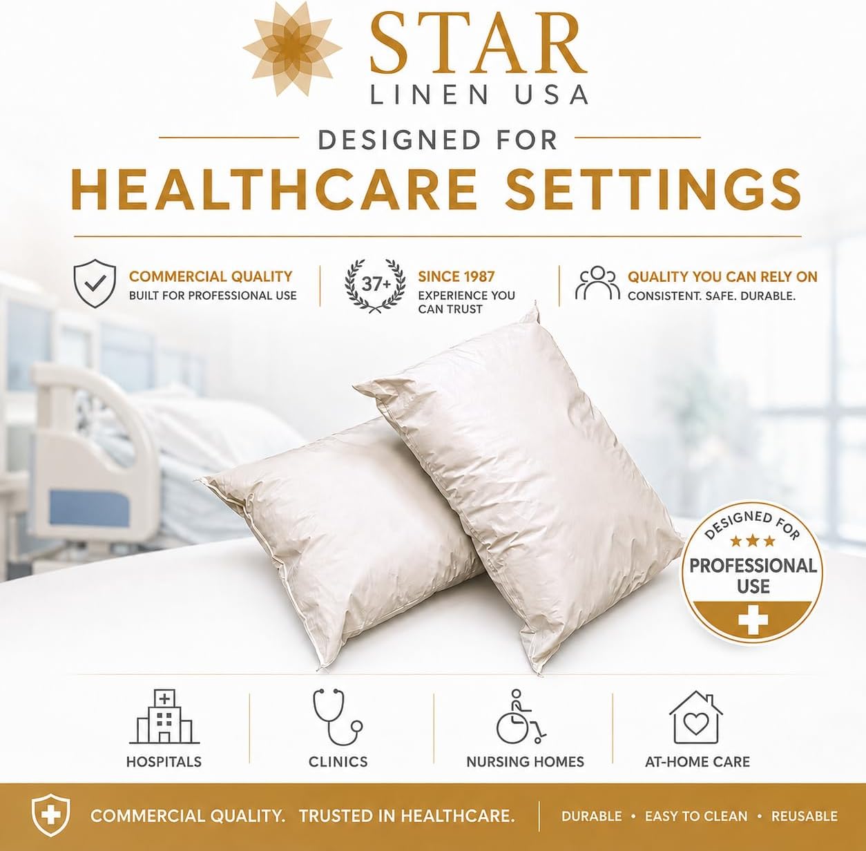 2 Pack MediCheck White Vinyl Covered Bed Pillows - Wipeable Easy Clean - Soft Low Profile Non-Fluffy Support - Not an Encasement or Zippered