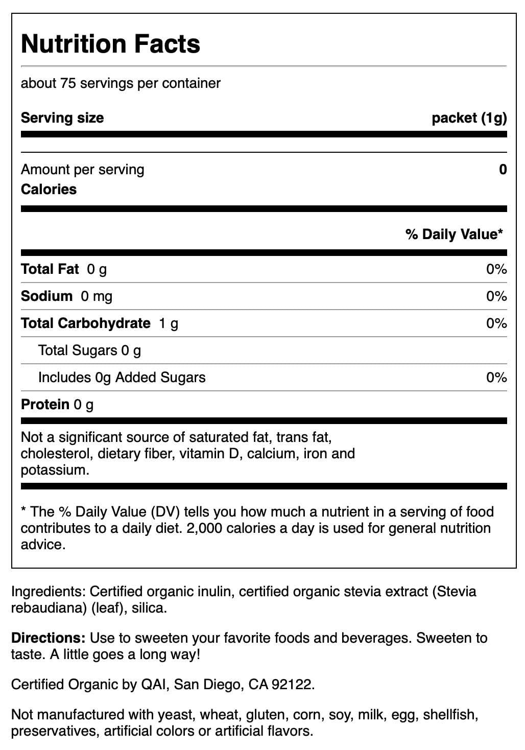 Swanson Stevia Extract - Certified Organic Calorie-Free Sweetener 75 Packets