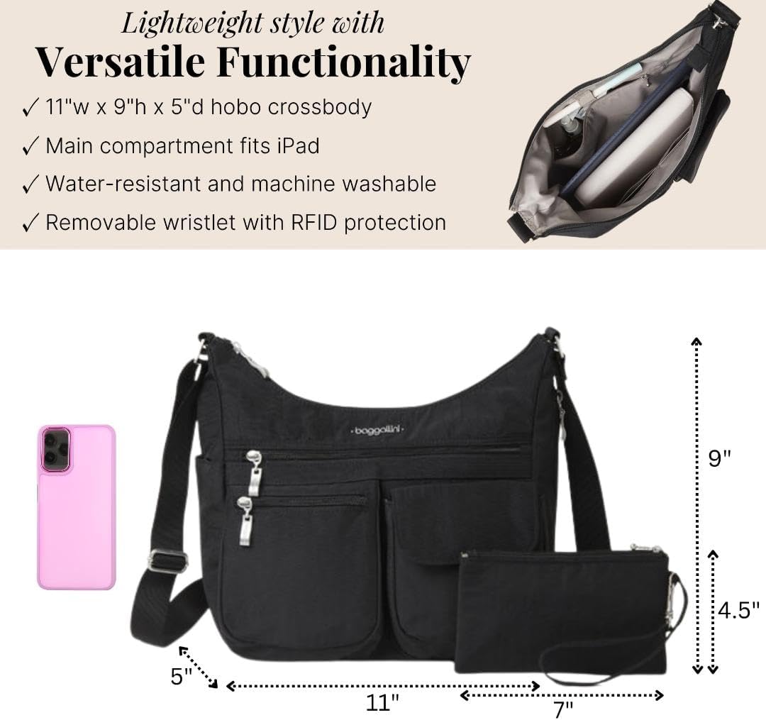 Baggallini womens Everywhere Bagg Crossbody Women 11x9 Lightweight Nylon Hobo Water-resistant Travel Bag W/Rfid