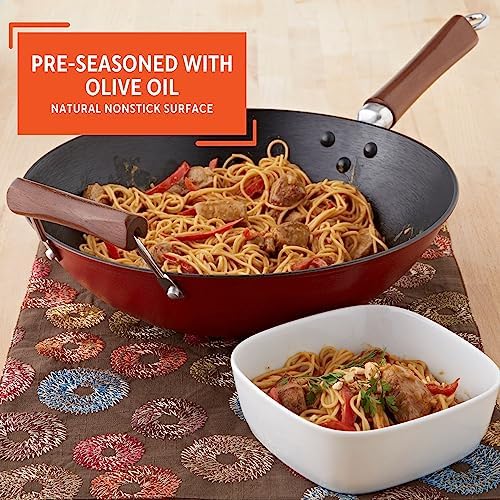 IMUSA USA GKG-61021 Light Cast Iron Wok, 14", Red Handles | Ideal for Stir-Frying and Deep Frying, Great for Everyday Cooking