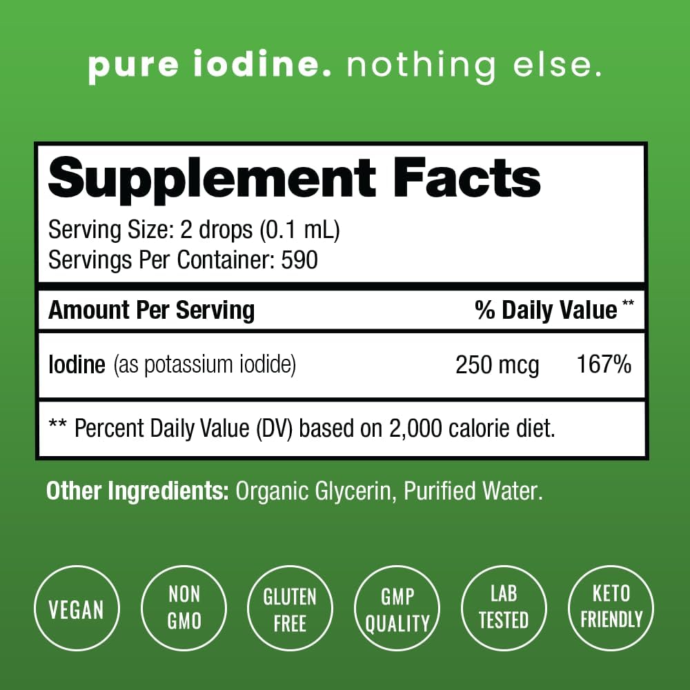 Organic Iodine Liquid Drops - 250 mcg Iodine Supplement for Women & Men - Potassium Iodide Solution 250 mcg - 590 Servings - Thyroid
