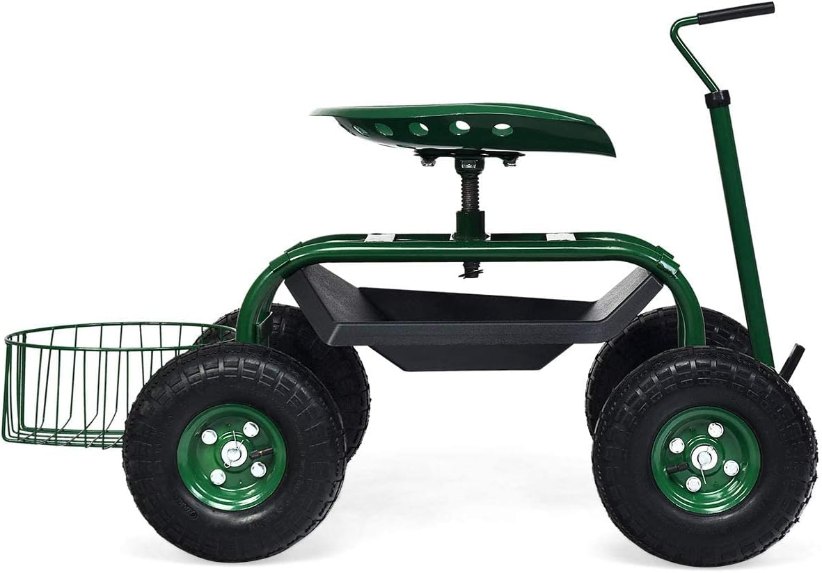Goplus Rolling Garden Cart with Seat, Outdoor Garden Stool with Wheels, Tool Tray & Basket, Adjustable Steering Handle