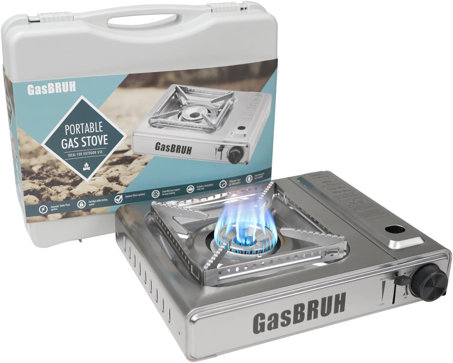 GasBRUH Propane or Butane Camping Stove with Windblocker, Dual Fuel 10,000 BTU Stainess Steel Propane Stove for Camping(TANK not included)
