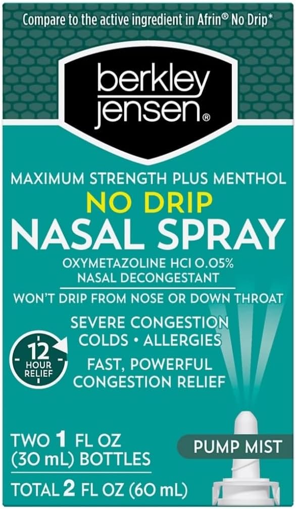 Berkley Jensen No Drip Severe Congestion Nasal Spray - Maximum Strength Decongestant with Oxymetazoline HCl & Menthol - Pump Mist Applicator, No Steroid, 12 Hour Relief, 1 Fluid Ounce (Pack of 3)
