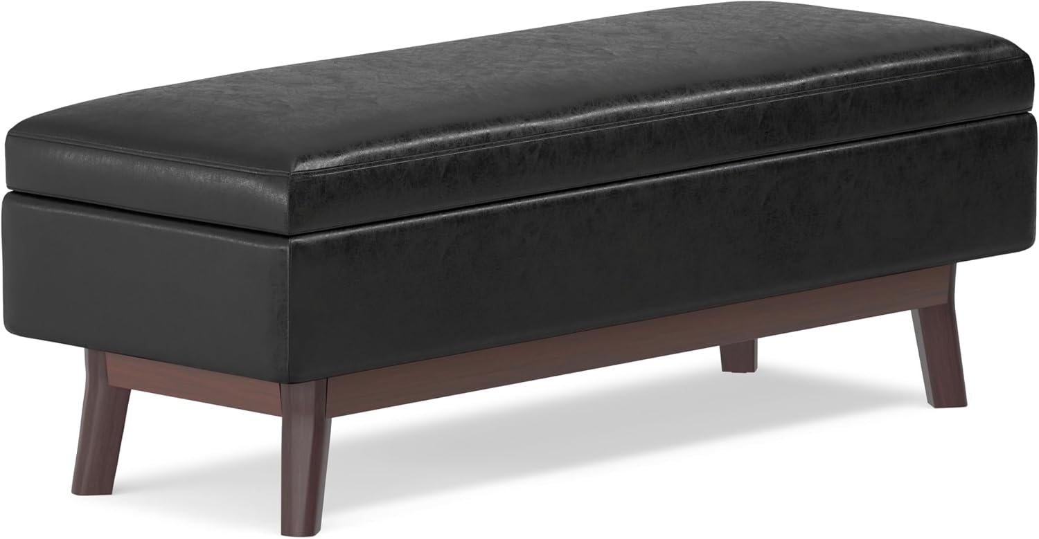 SIMPLIHOME Owen 34" Wide Vegan Leather Lift Top Ottoman in Dark Blue