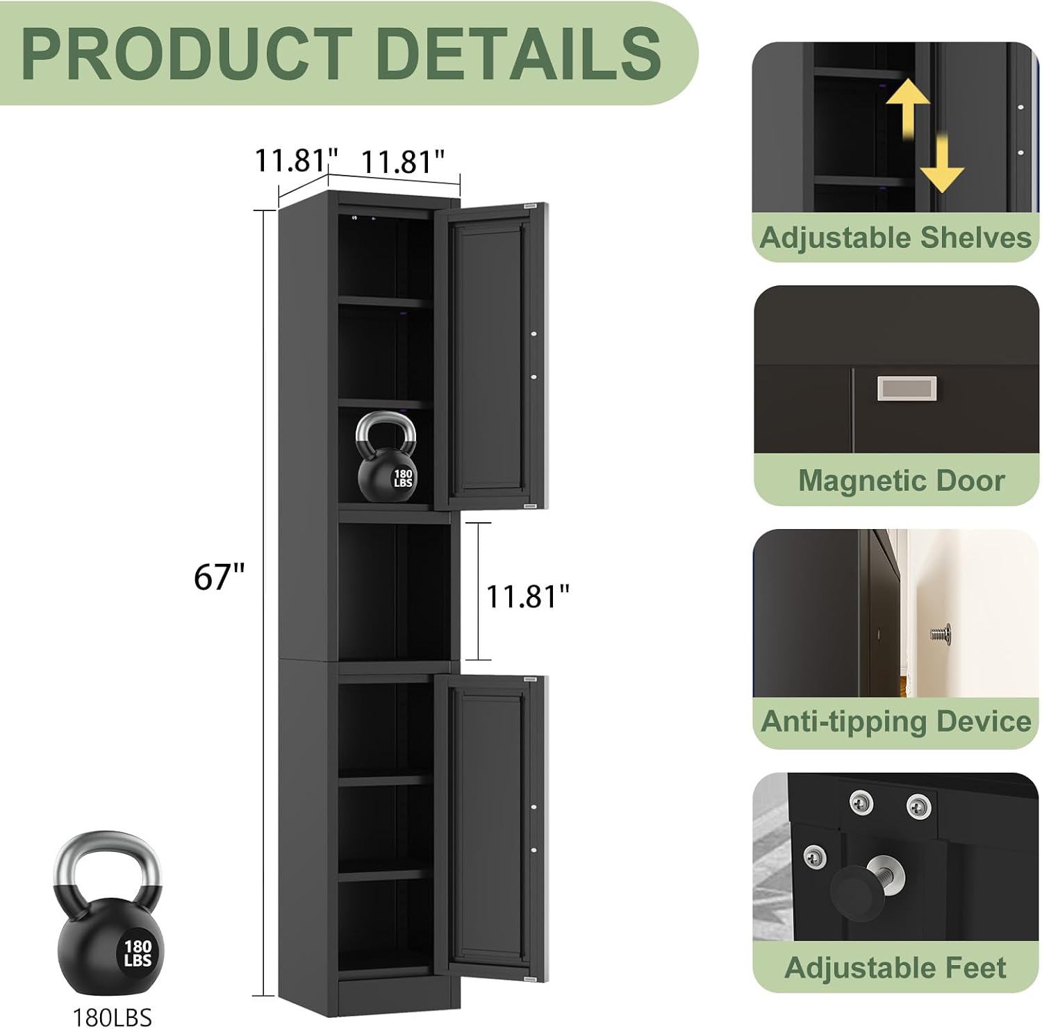 pozdeg 67" Tall Narrow White Metal Storage Cabinet | 2 Doors, 4 Adjustable Shelves, Freestanding Slim Pantry Organizer for Bathroom Kitchen Living Room