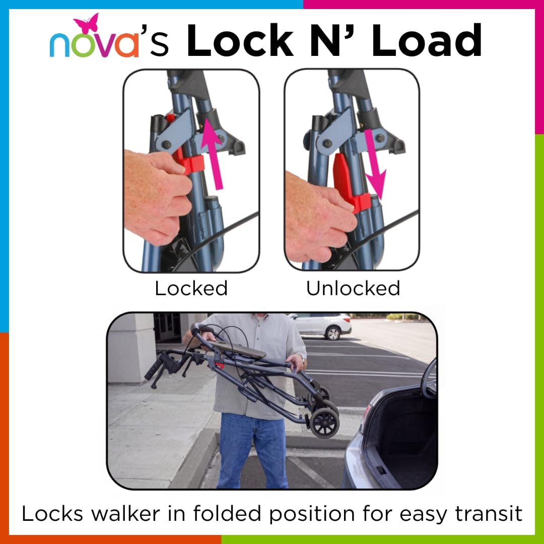 NOVA Zoom 22 Rollator Walker for Seniors, Rolling Walker with Locking Hand Brakes, Padded Seat & 8" Wheels, Lock N Load for Easy Transport & Storage, Adjustable Height 5'5"–6'1", Red