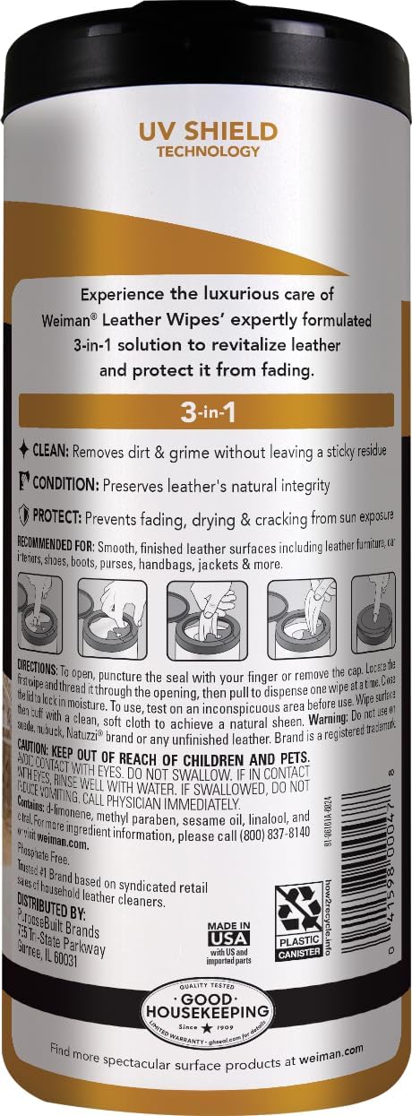 Weiman Leather Wipes - 2 Pack - Clean Condition UV Protection Help Prevent Cracking or Fading of Leather Furniture, Car Seats & Interior