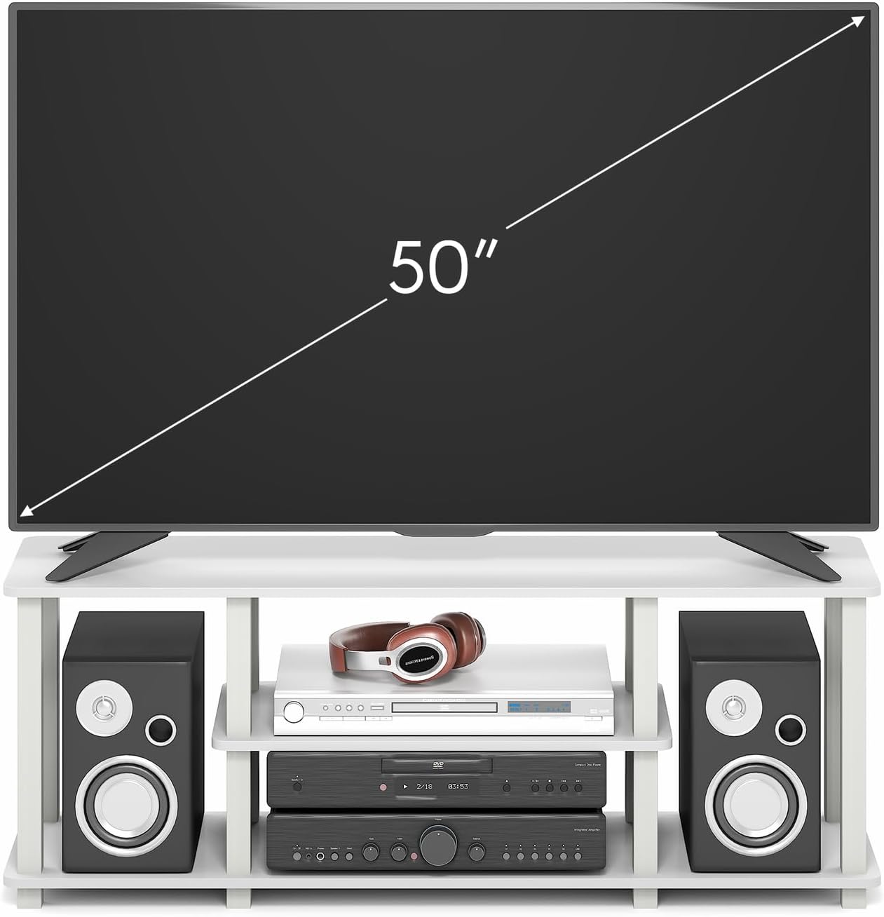 Furinno Turn-N-Tube No Tools 3D 3-Tier Entertainment TV Stand up to 50 inch TV, Round Tubes, French Oak Grey/Black | for TV up to 50 Inch, Open Frame Rectangular Entertainment Center with Storage Shelf, TV Console, for Living Room, Bedroom