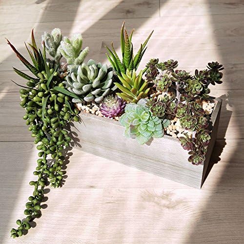 Supla Artificial Potted Succulents Plants Arrangement Fake Succulent Plants in Rectangular Wooden Pot Arrangement for Table Centerpiece Windowsill